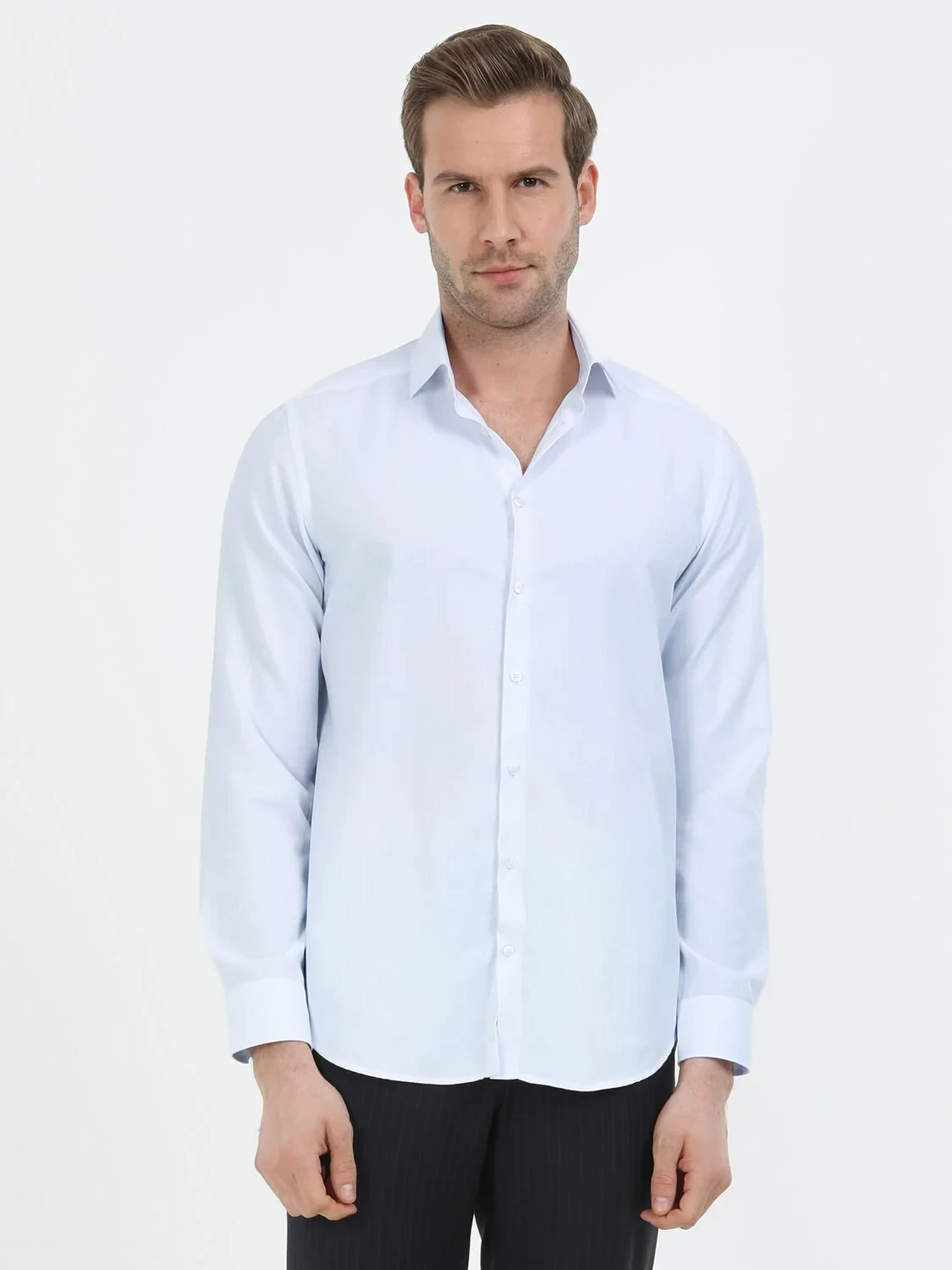 Açık Mavi Mikro Slim Fit Dokuma Klasik Pamuk Karışımlı Gömlek - 2