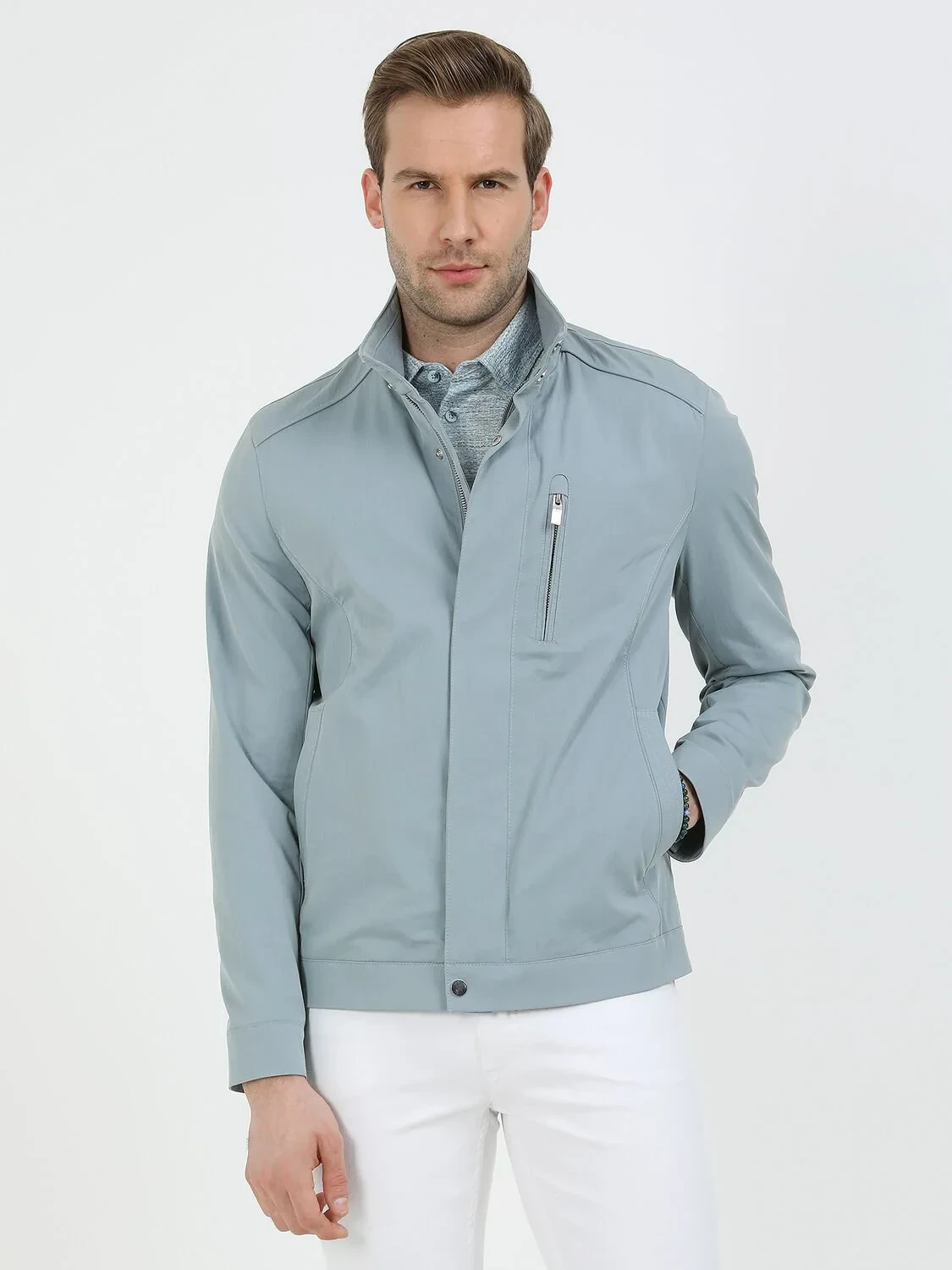 Açık Mavi Regular Fit Dik Yaka Casual Dokuma Mont - 1