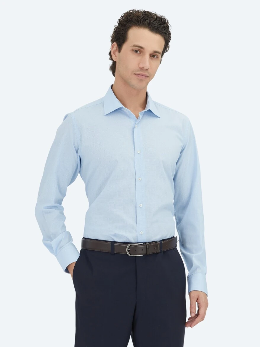 Açık Mavi Regular Fit Dokuma Klasik Pamuk Karışımlı Gömlek - 3