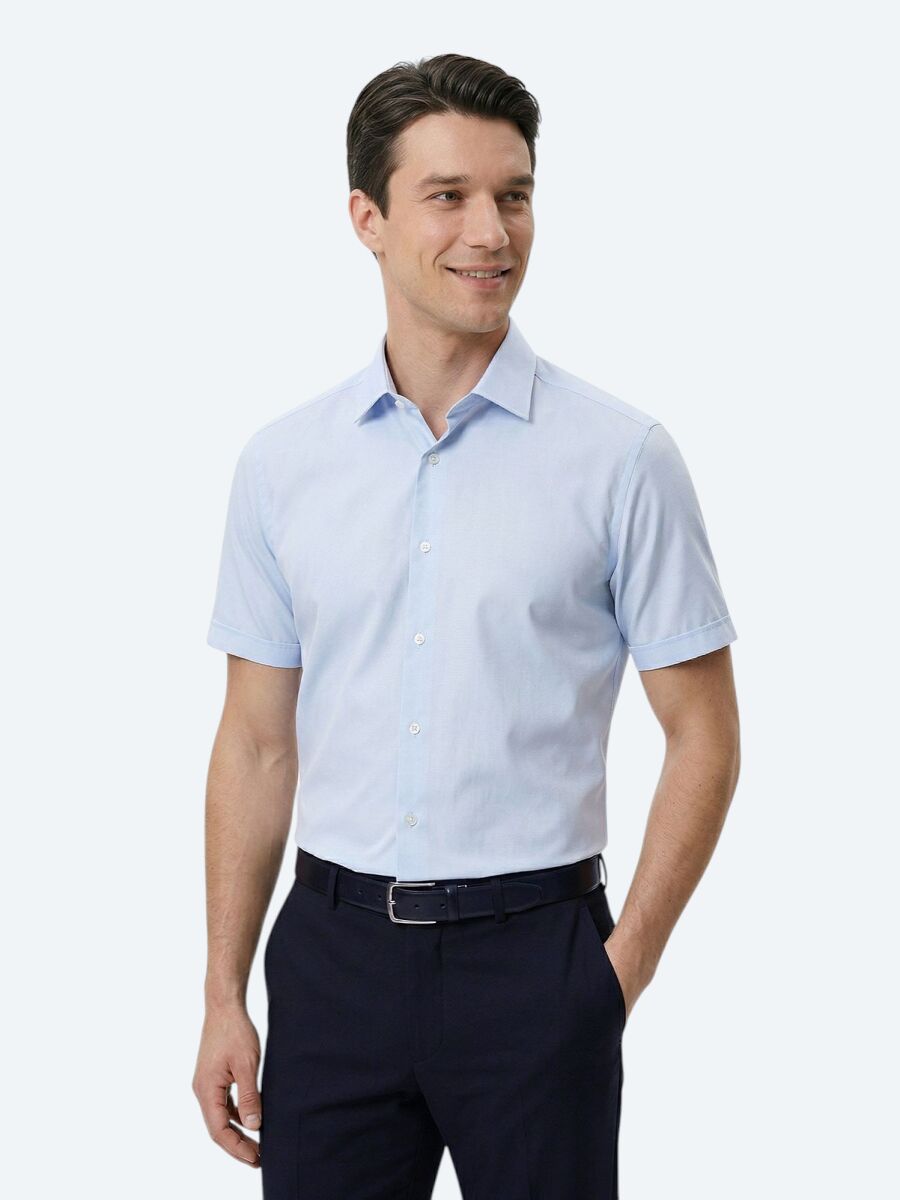Açık Mavi Regular Fit Kısa Dokuma Klasik Pamuk Karışımlı Gömlek - 1