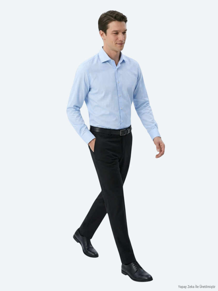 Açık Mavi Regular Fit Uzun Dokuma Klasik Pamuk Karışımlı Gömlek - 3