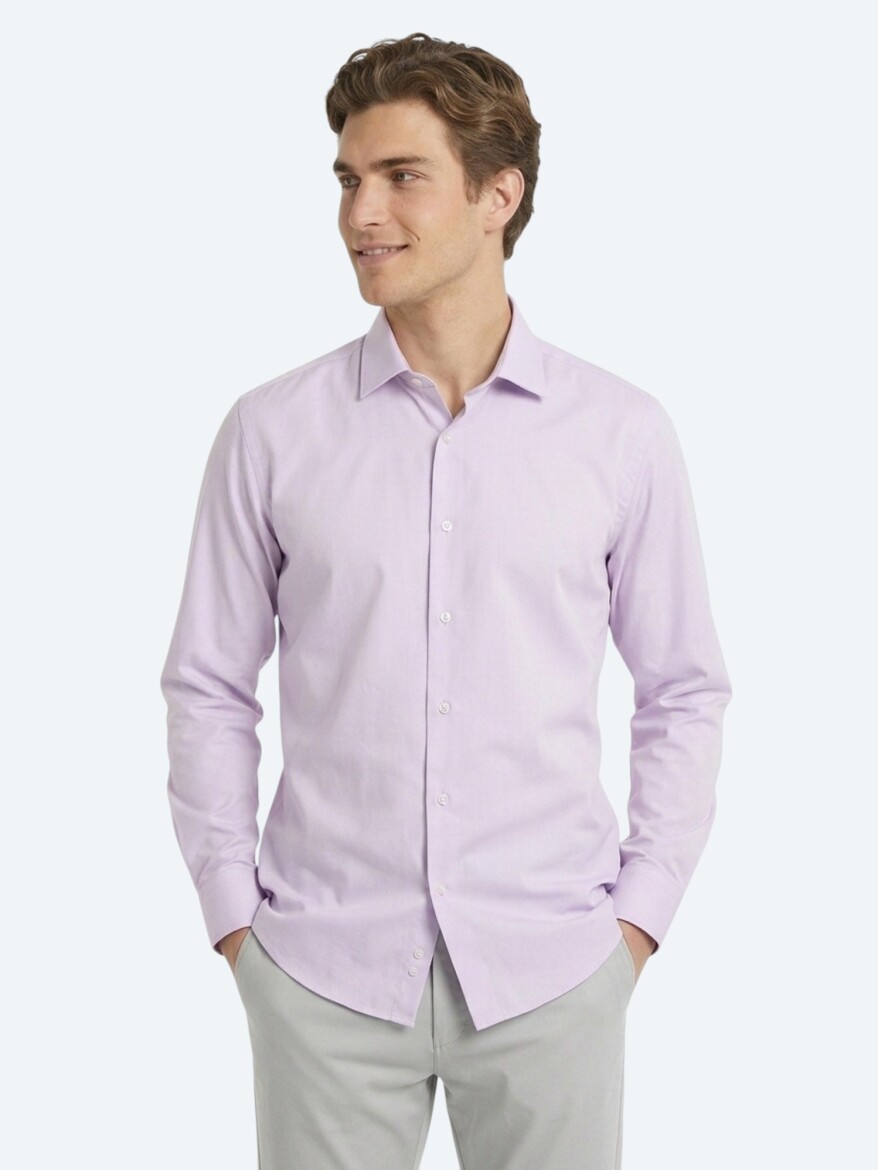 Açık Pembe Regular Fit Uzun Dokuma Casual Pamuk Karışımlı Gömlek 