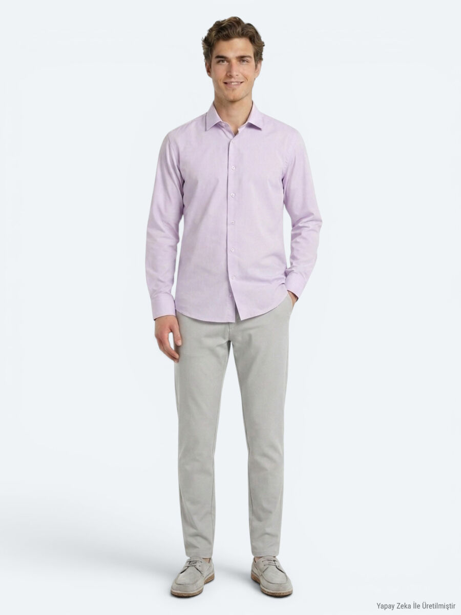Açık Pembe Regular Fit Uzun Dokuma Casual Pamuk Karışımlı Gömlek - 4