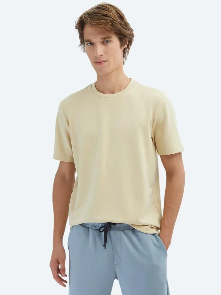 Açık Sarı Düz Bisiklet Yaka T-Shirt - 1