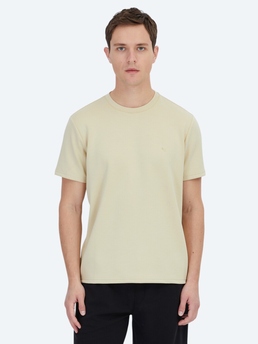 Açık Sarı Düz Bisiklet Yaka T-Shirt 