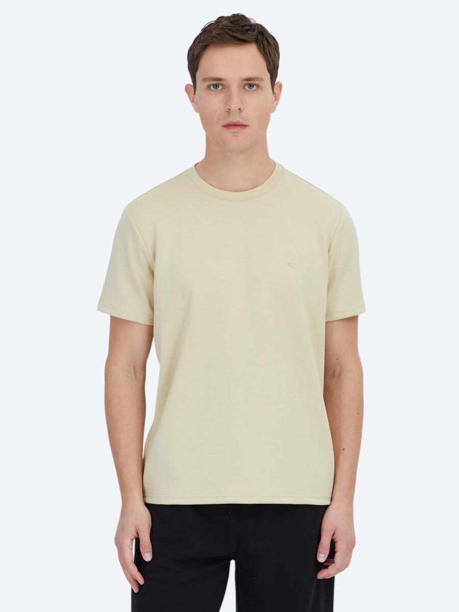 Açık Sarı Düz Bisiklet Yaka T-Shirt - 1