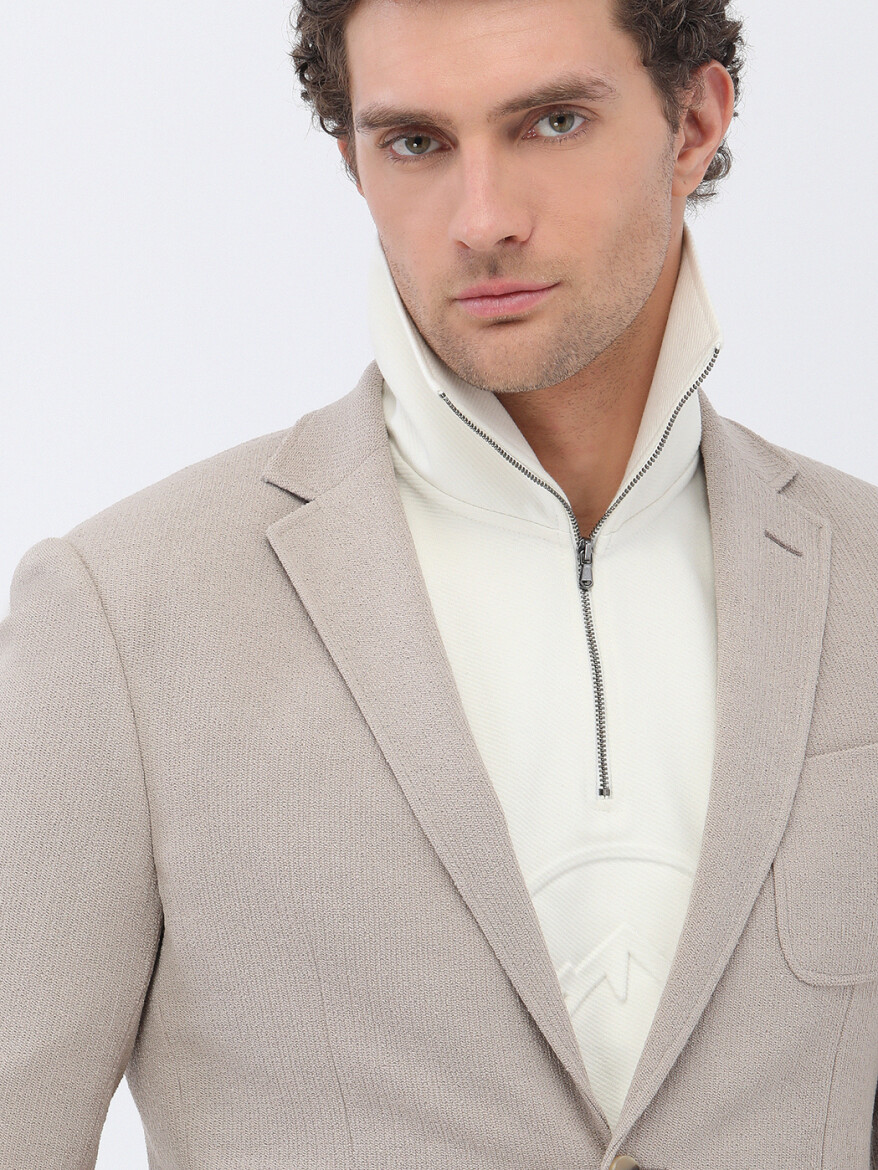 Açık Vizon Mikro Slim Fit Örme Ceket - 4