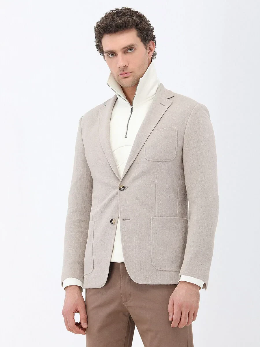 Açık Vizon Mikro Slim Fit Örme Ceket - 1