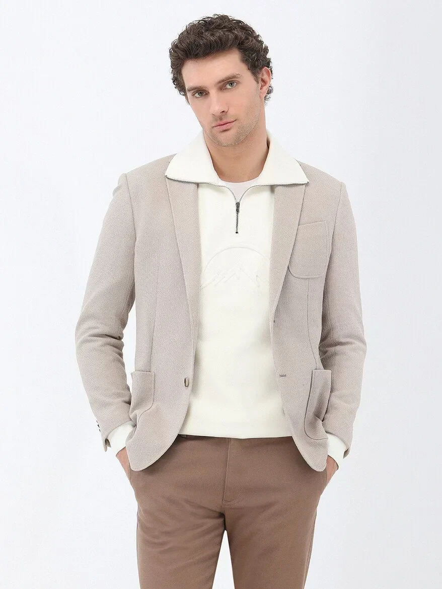 Açık Vizon Mikro Slim Fit Örme Ceket - 3