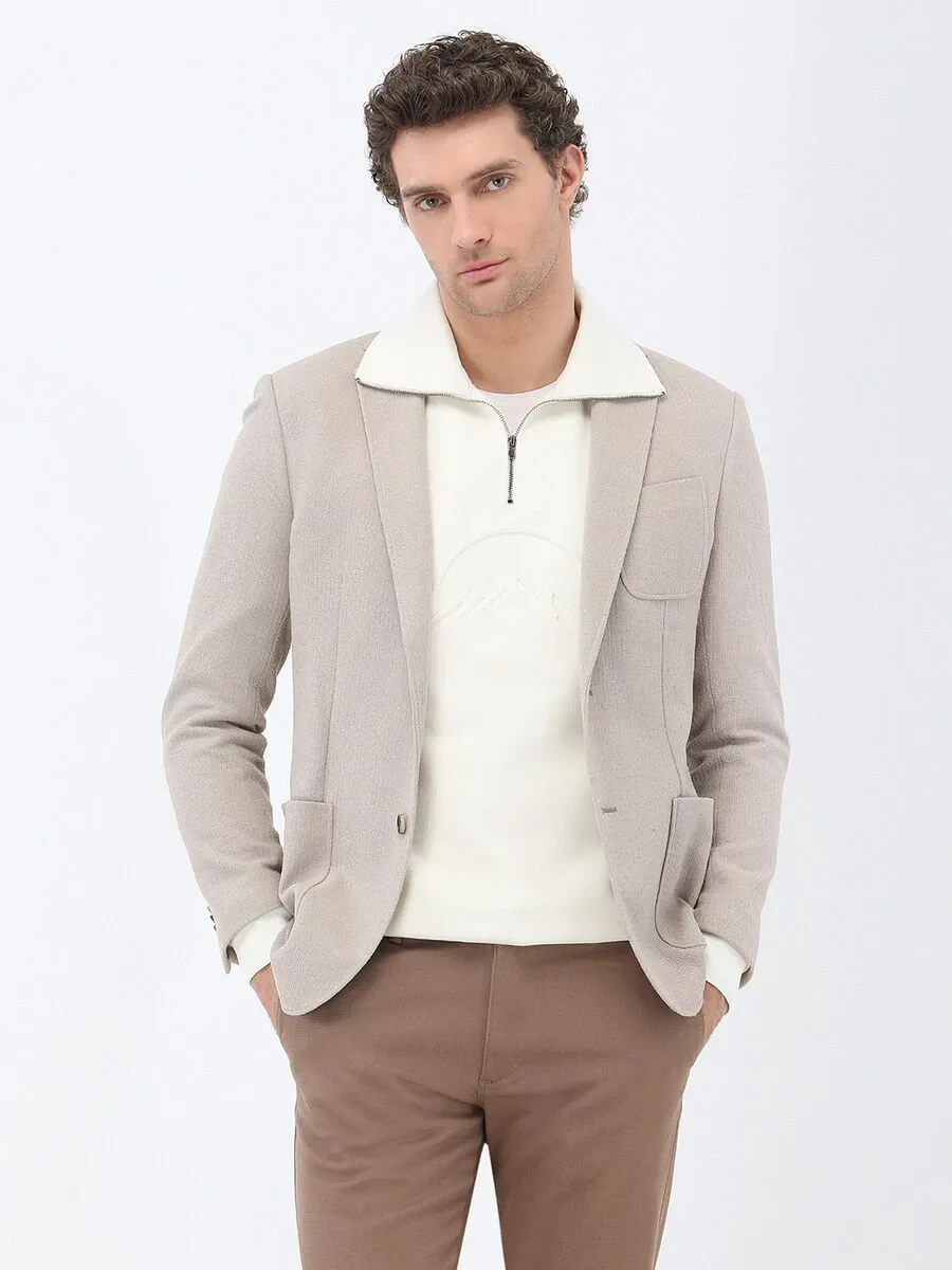 Açık Vizon Mikro Slim Fit Örme Ceket - 3