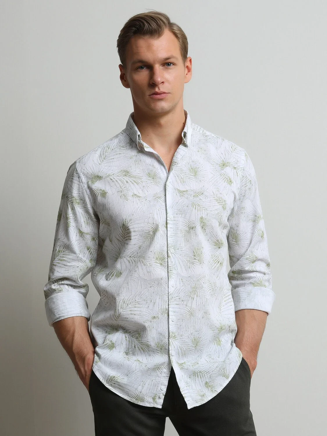 Açık Yeşil Baskılı Regular Fit Antibakteriyel Dokuma Casual %100 Pamuk Gömlek - 3