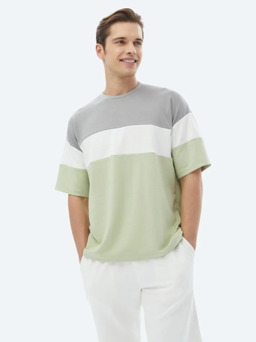 Açık Yeşil Çizgili Bisiklet Yaka T-Shirt - 1