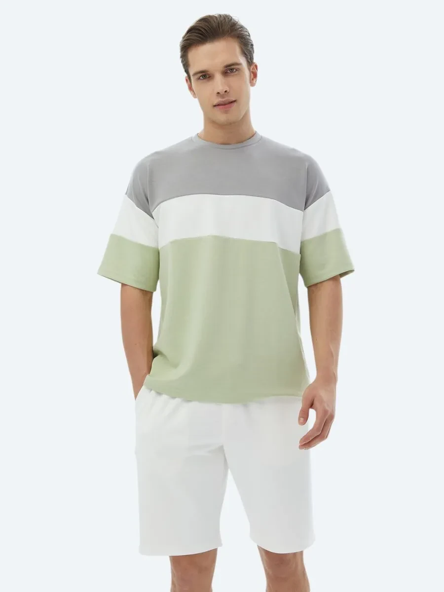 Açık Yeşil Çizgili Bisiklet Yaka T-Shirt - 4