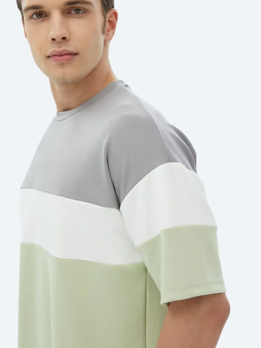 Açık Yeşil Çizgili Bisiklet Yaka T-Shirt - 5