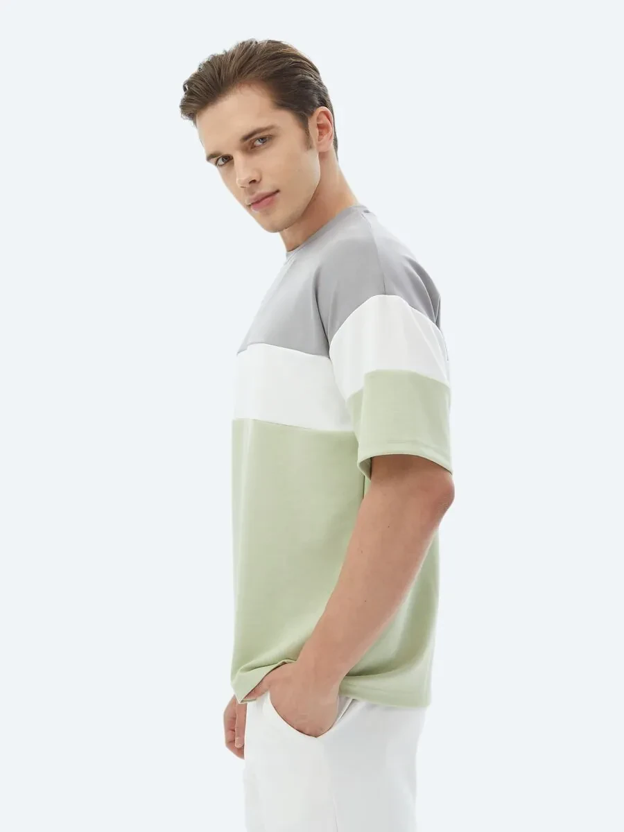 Açık Yeşil Çizgili Bisiklet Yaka T-Shirt - 6