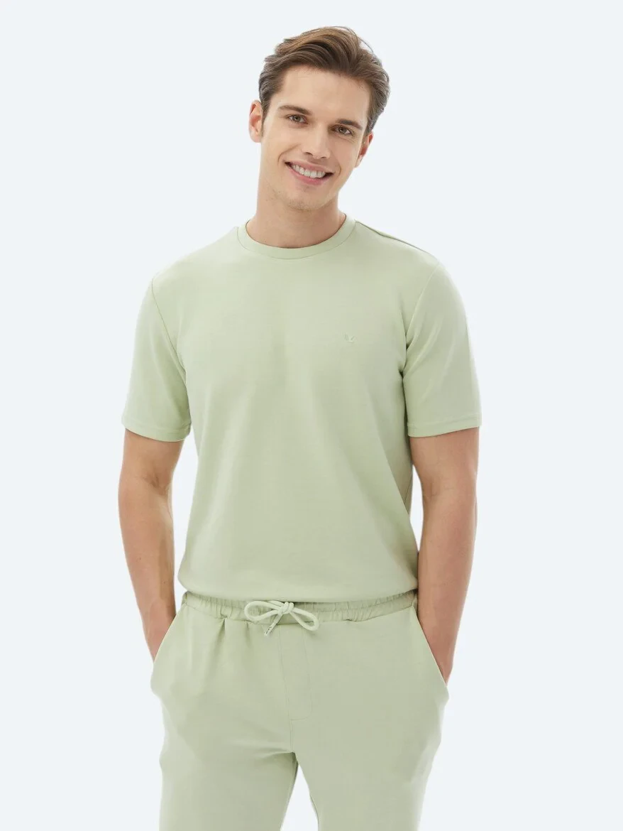 Açık Yeşil Düz Bisiklet Yaka T-Shirt - 1