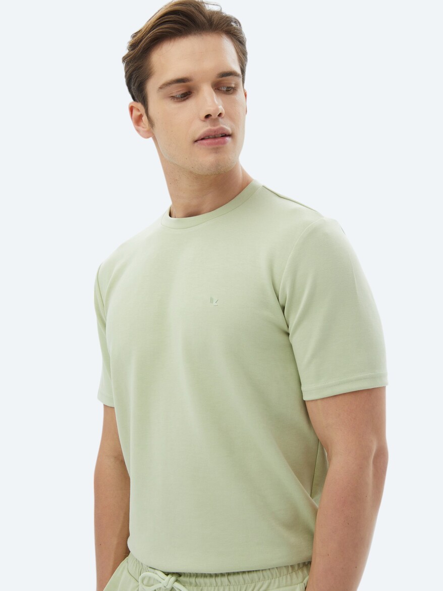 Açık Yeşil Düz Bisiklet Yaka T-Shirt - 3