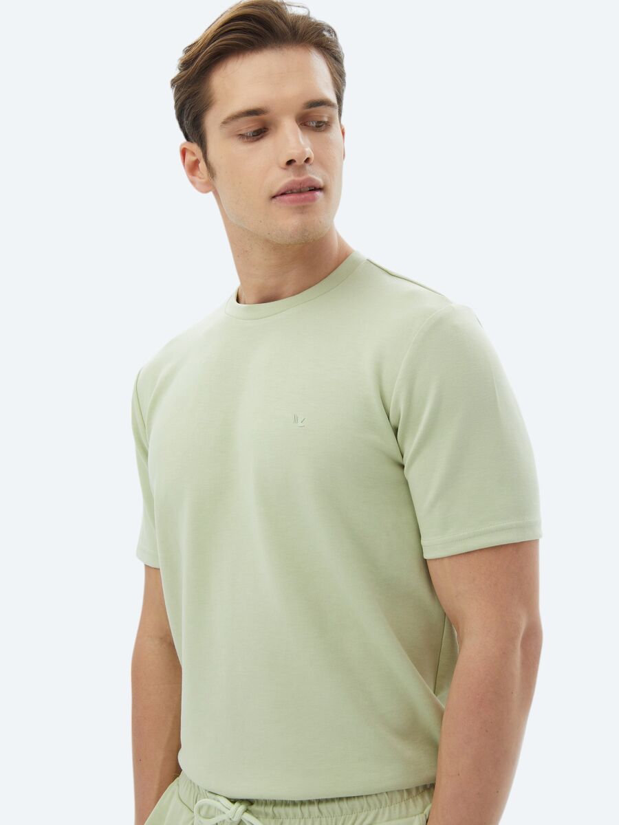 Açık Yeşil Düz Bisiklet Yaka T-Shirt - 3