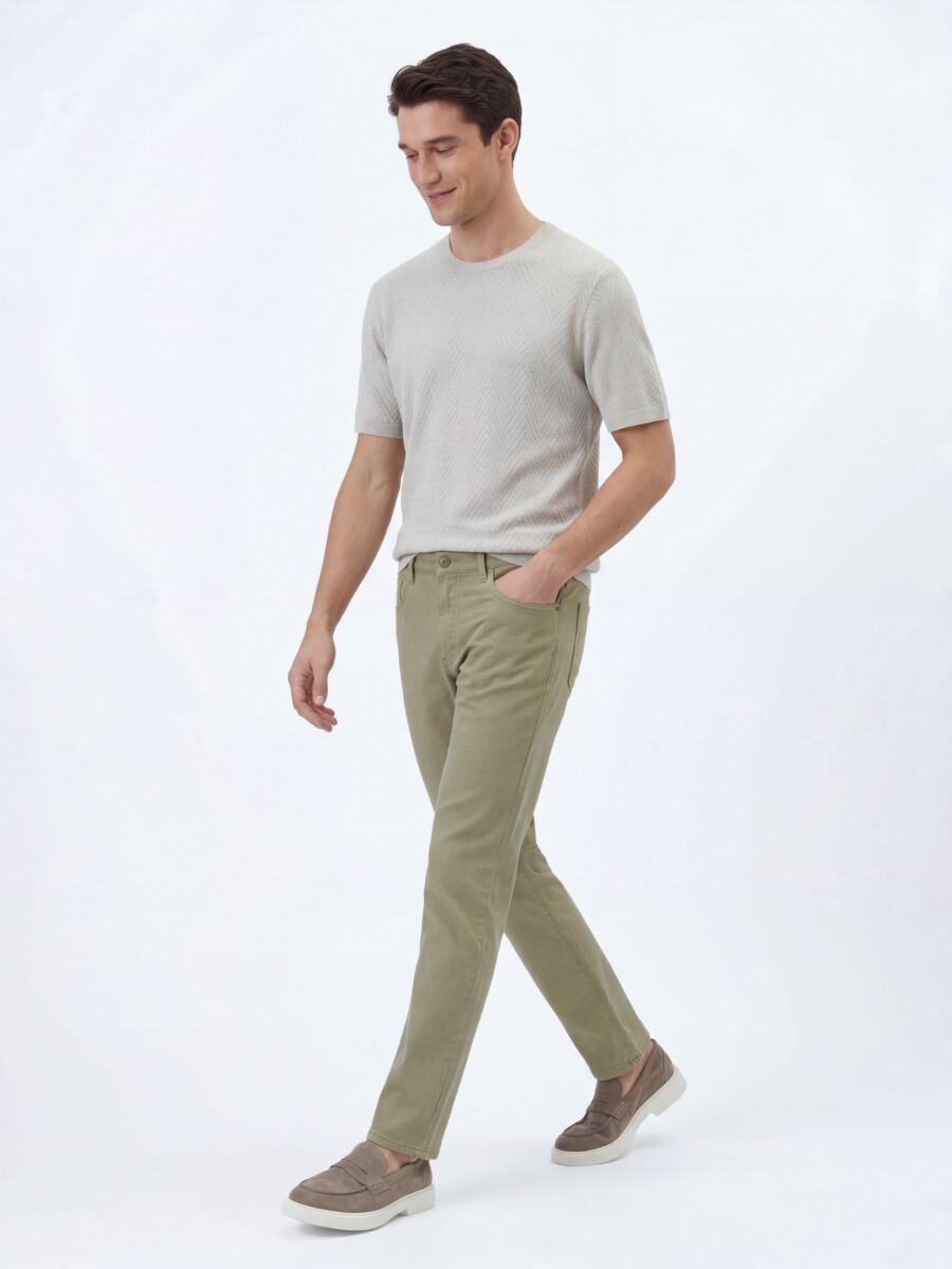 Açık Yeşil Düz Dokuma Regular Fit Casual Pamuk Karışımlı Pantolon - 3