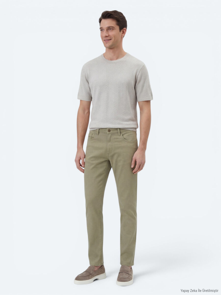 Açık Yeşil Düz Dokuma Regular Fit Casual Pamuk Karışımlı Pantolon - 4