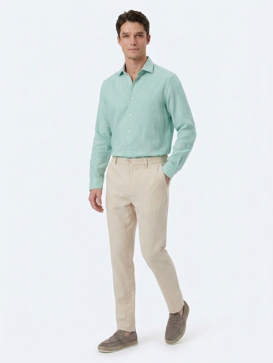 Açık Yeşil Regular Fit Uzun Dokuma Casual Pamuk Karışımlı Gömlek - 4