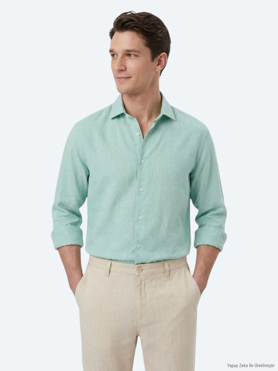 Açık Yeşil Regular Fit Uzun Dokuma Casual Pamuk Karışımlı Gömlek - 1