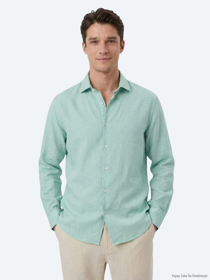 Açık Yeşil Regular Fit Uzun Dokuma Casual Pamuk Karışımlı Gömlek - 3