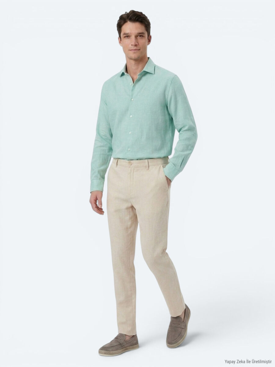 Açık Yeşil Regular Fit Uzun Dokuma Casual Pamuk Karışımlı Gömlek - 4