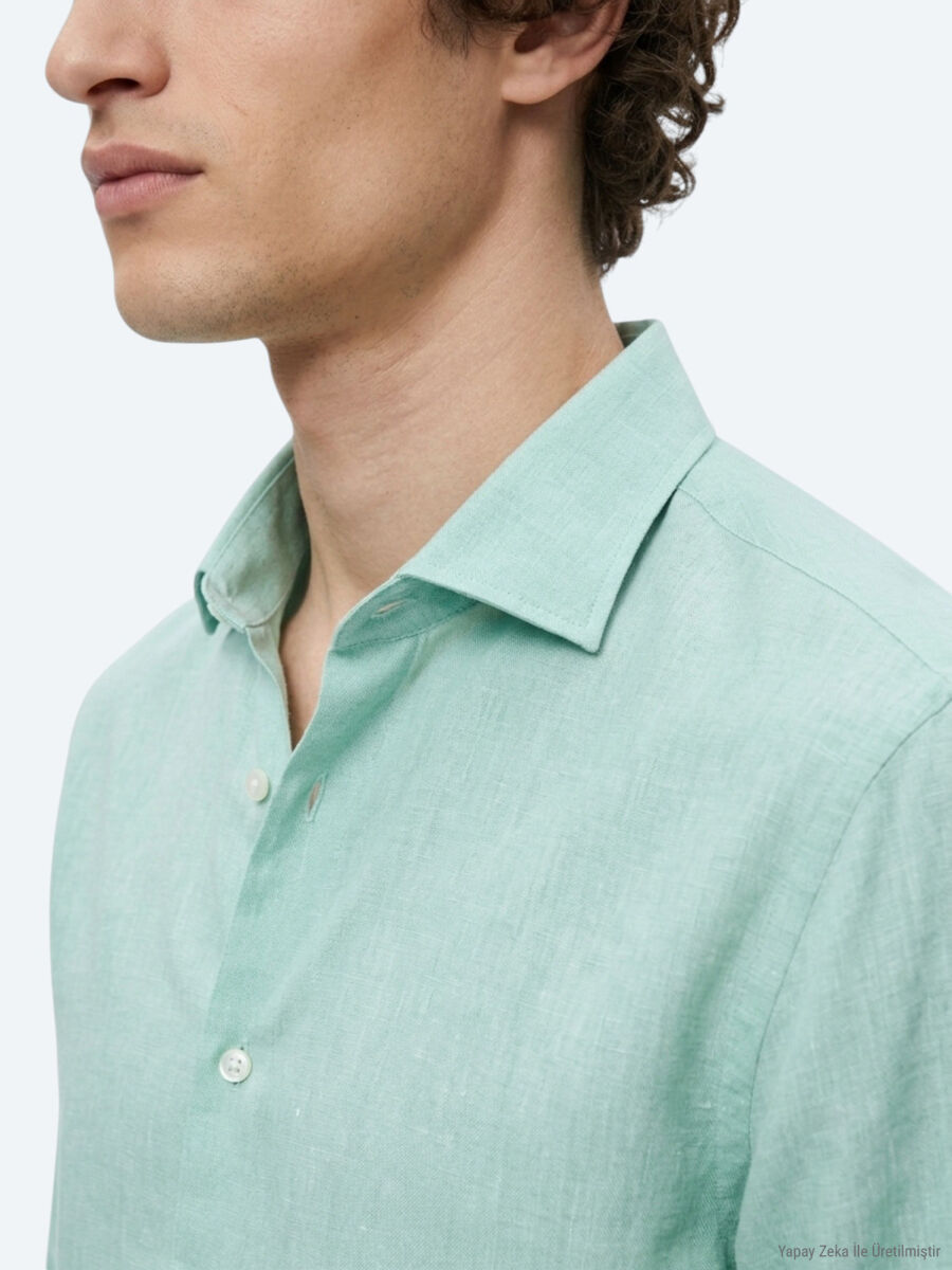 Açık Yeşil Regular Fit Uzun Dokuma Casual Pamuk Karışımlı Gömlek - 3
