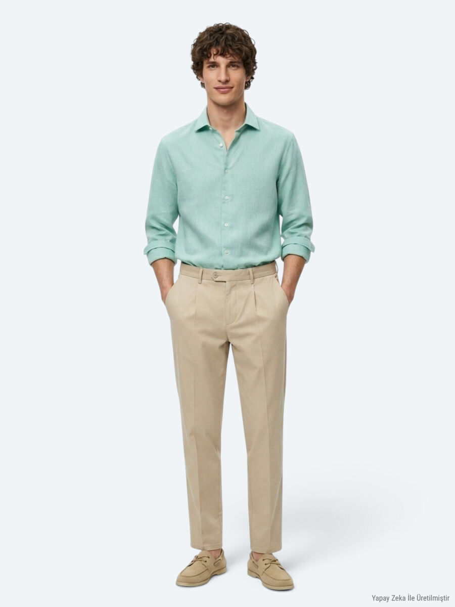Açık Yeşil Regular Fit Uzun Dokuma Casual Pamuk Karışımlı Gömlek - 5