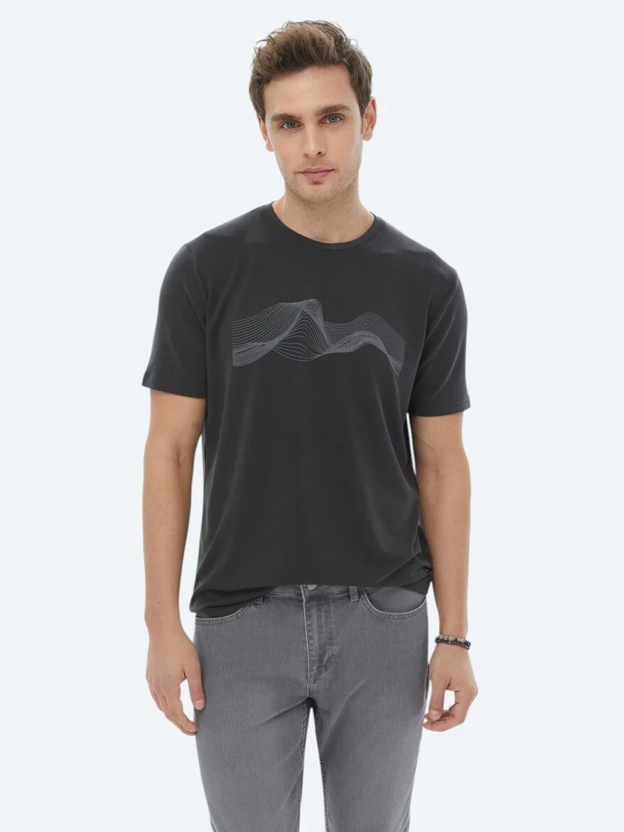Antrasit Baskılı Bisiklet Yaka T-Shirt - 1