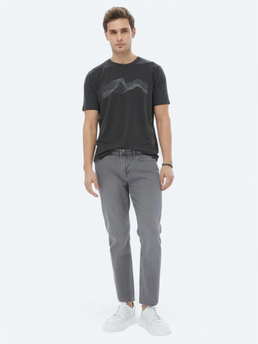 Antrasit Baskılı Bisiklet Yaka T-Shirt - 4