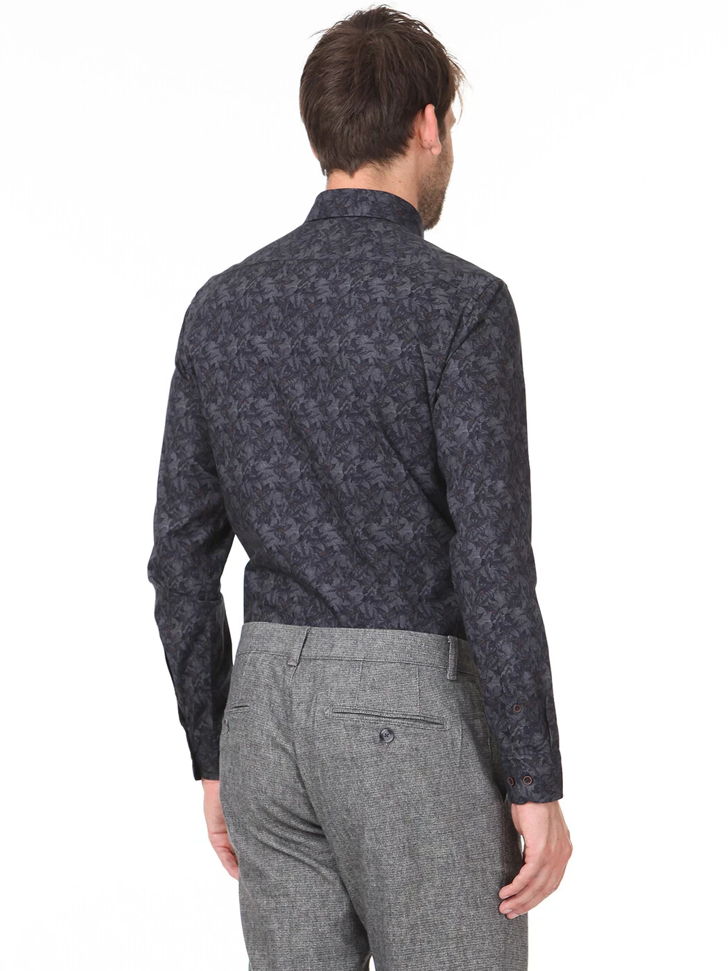 Antrasit Baskılı Slim Fit Dokuma Casual %100 Pamuk Gömlek - 4