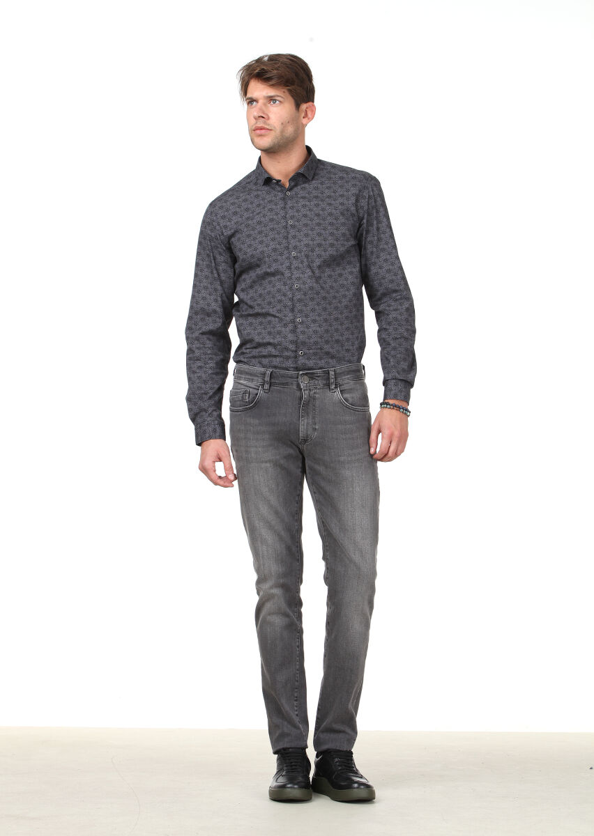 Antrasit Baskılı Slim Fit Uzun Dokuma Casual %100 Pamuk Gömlek - 2