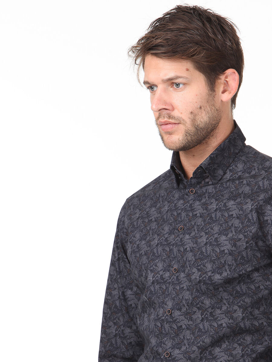 Antrasit Baskılı Slim Fit Uzun Dokuma Casual %100 Pamuk Gömlek - 2
