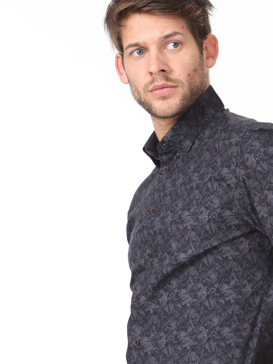 Antrasit Baskılı Slim Fit Uzun Dokuma Casual %100 Pamuk Gömlek - 3