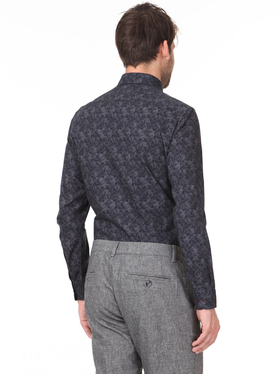 Antrasit Baskılı Slim Fit Uzun Dokuma Casual %100 Pamuk Gömlek - 4