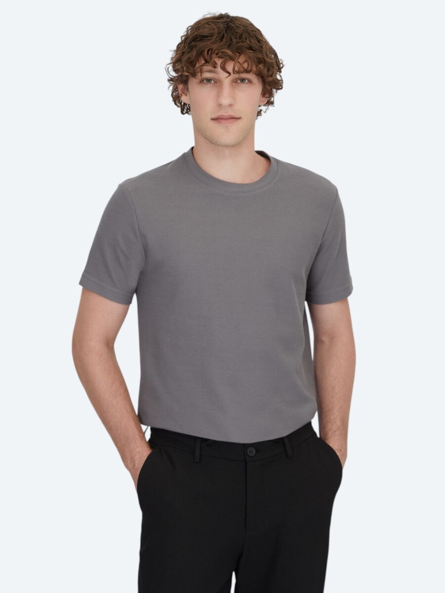 Antrasit Bisiklet Yaka %100 Pamuk T-Shirt - 1