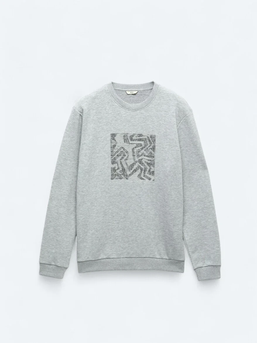 Antrasit Bisiklet Yaka Baskılı Sweatshırt - 5
