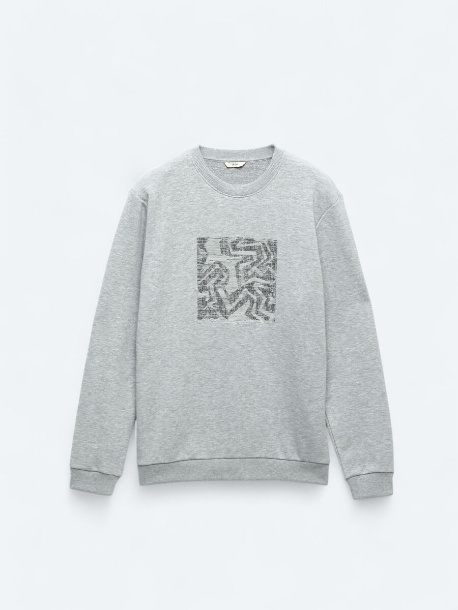 Antrasit Bisiklet Yaka Baskılı Sweatshırt - 5