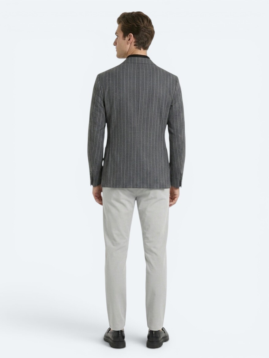 Antrasit Çizgili Modern Fit Keten Karışımlı Ceket - 5