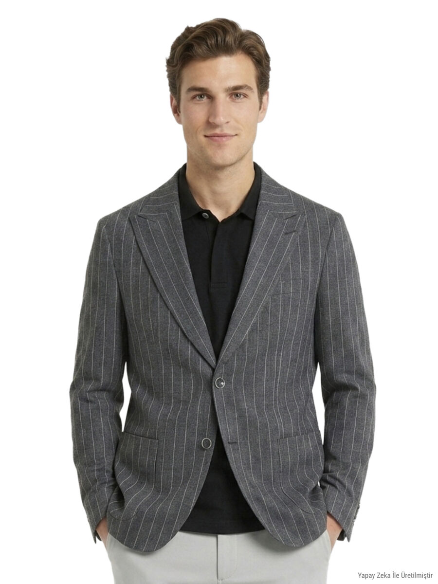 Antrasit Çizgili Modern Fit Keten Karışımlı Ceket - 1