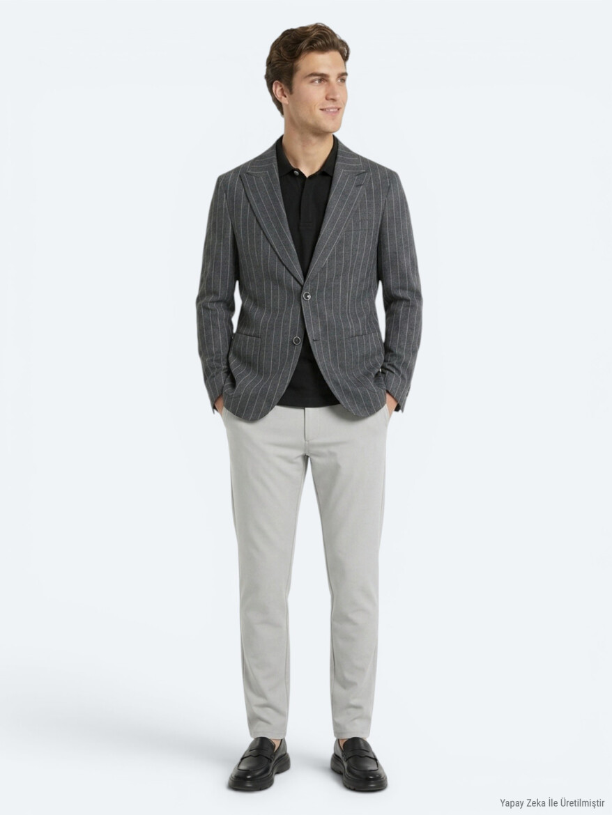 Antrasit Çizgili Modern Fit Keten Karışımlı Ceket - KİP