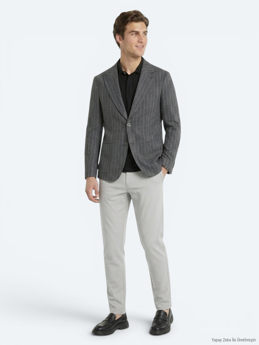 Antrasit Çizgili Modern Fit Keten Karışımlı Ceket - 4