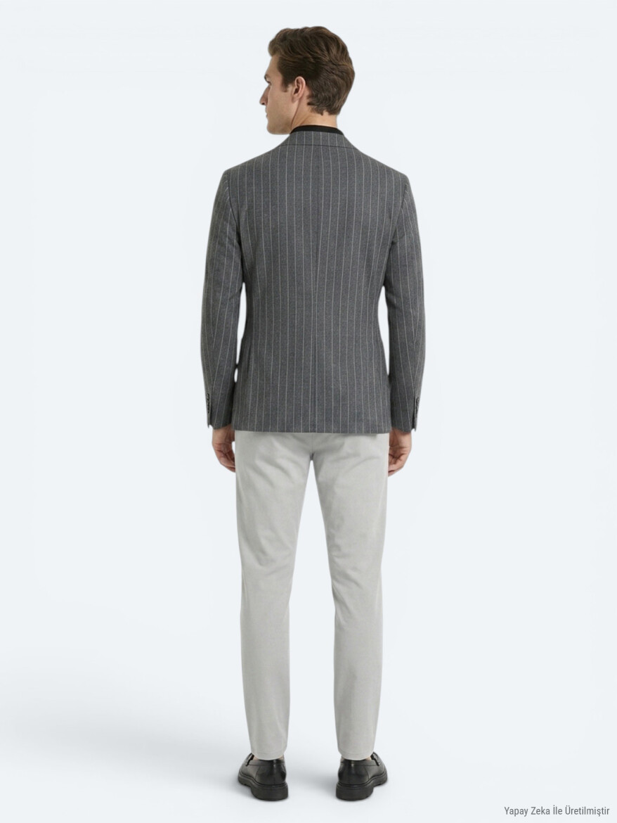 Antrasit Çizgili Modern Fit Keten Karışımlı Ceket - 5