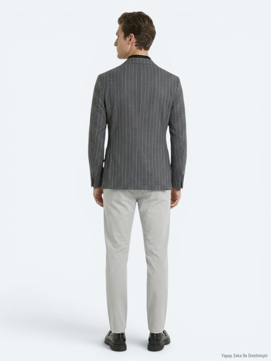 Antrasit Çizgili Modern Fit Keten Karışımlı Ceket - 5