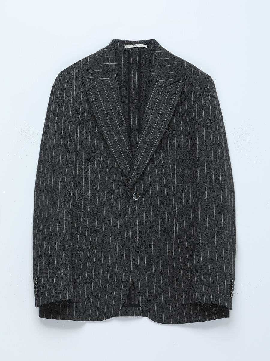 Antrasit Çizgili Modern Fit Keten Karışımlı Ceket - 6