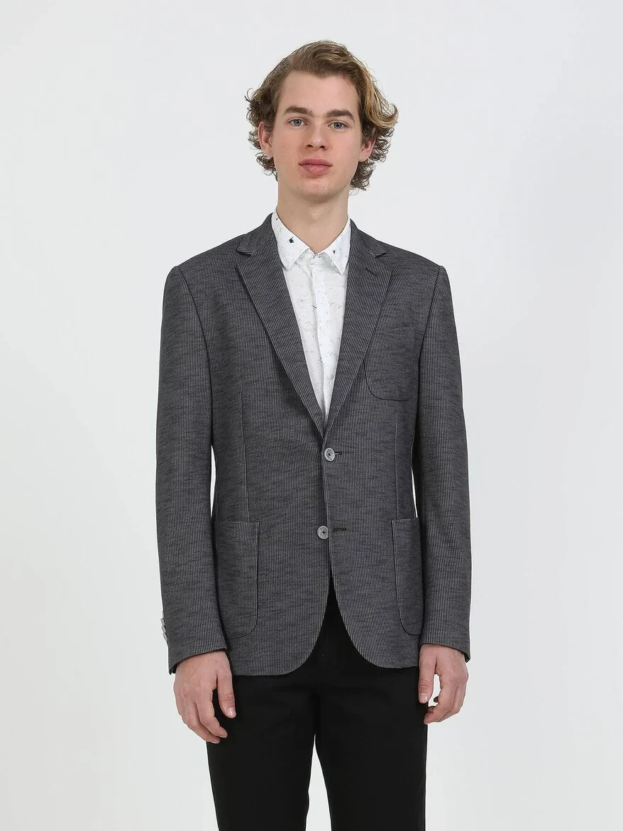 Antrasit Çizgili Modern Fit Pamuk Karışımlı Örme Takım Elbise - 5
