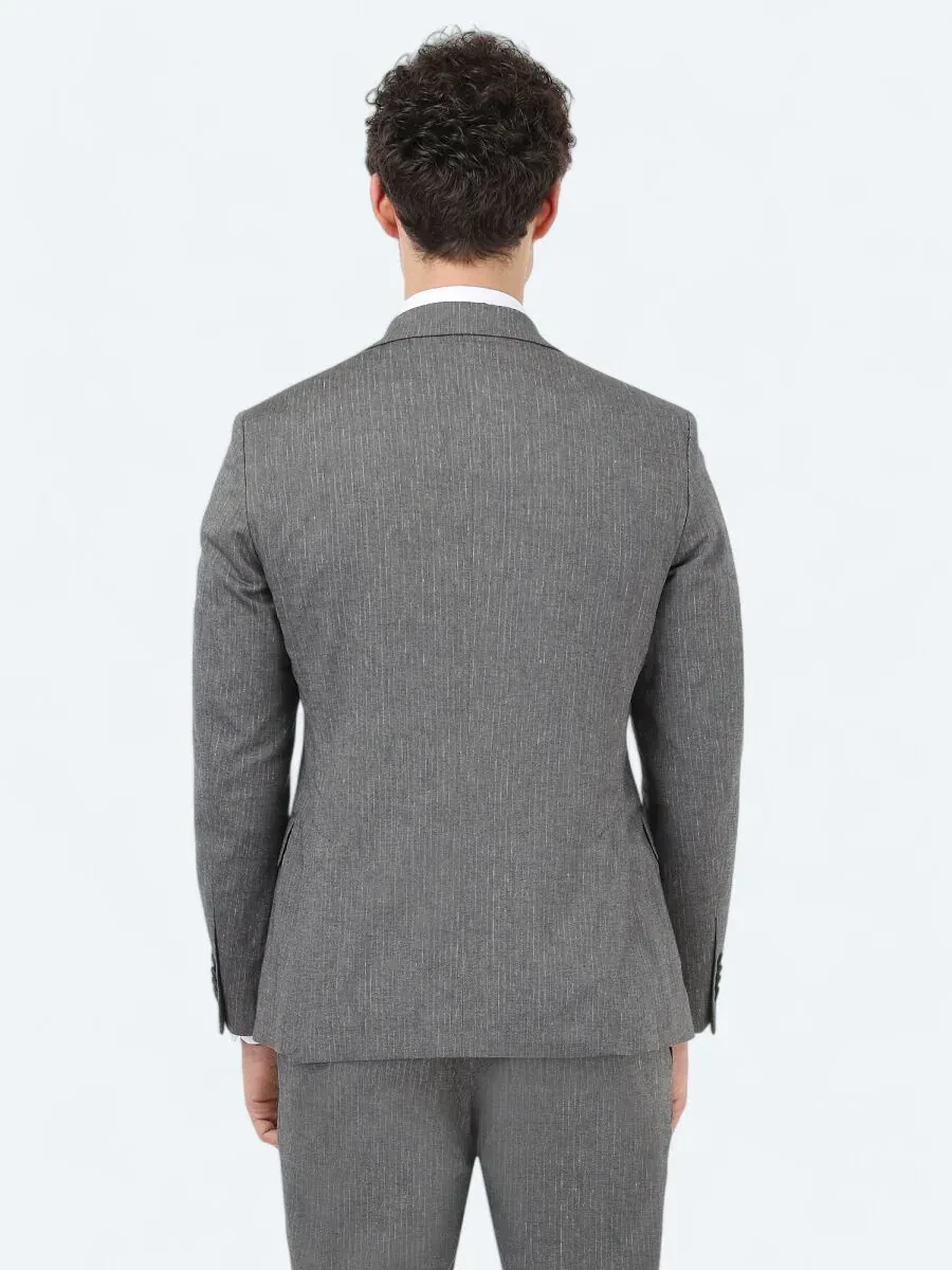 Antrasit Çizgili Modern Fit Pamuk Karışımlı Takım Elbise - 6