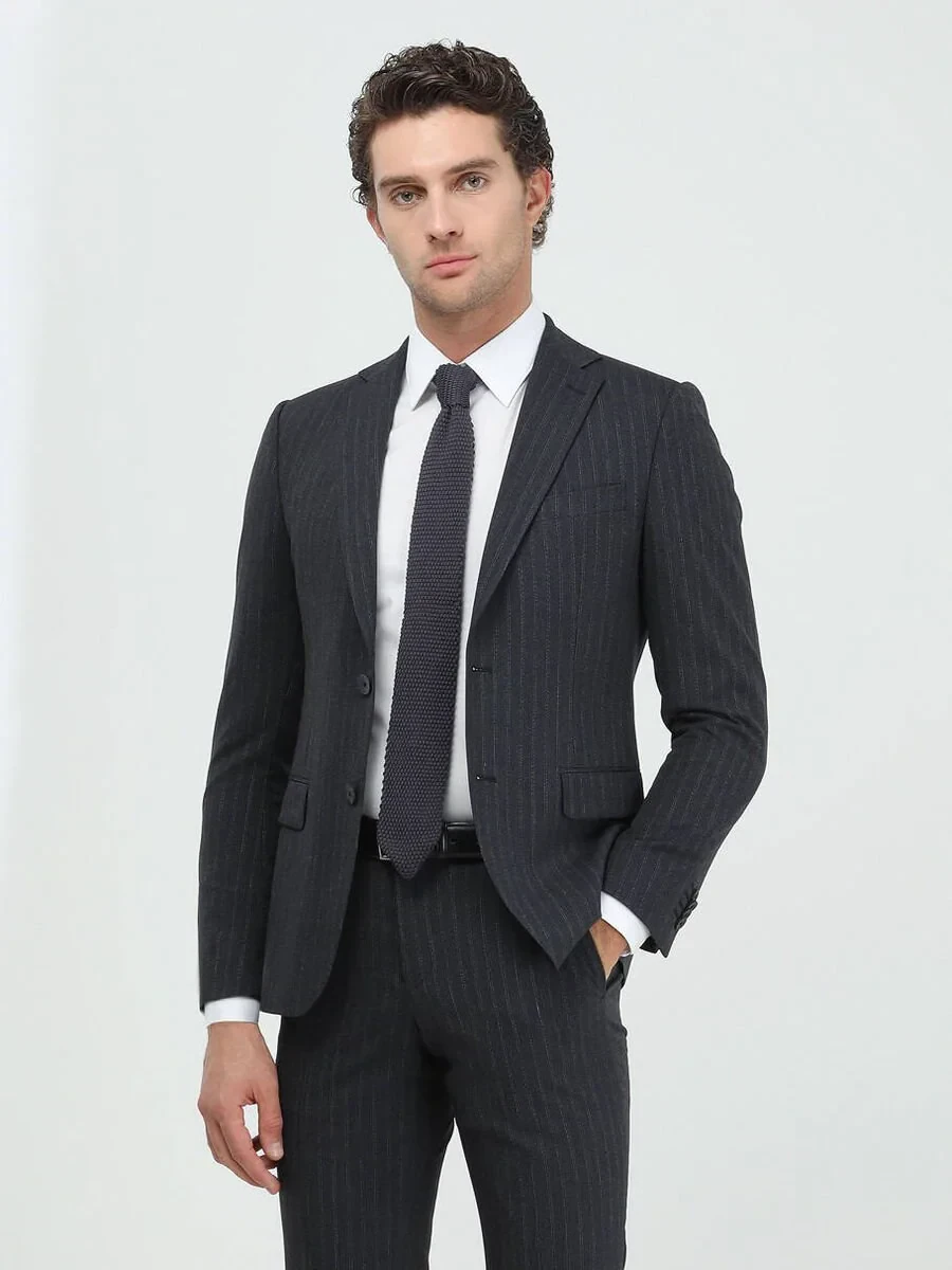 Antrasit Çizgili Modern Fit Takım Elbise - 2